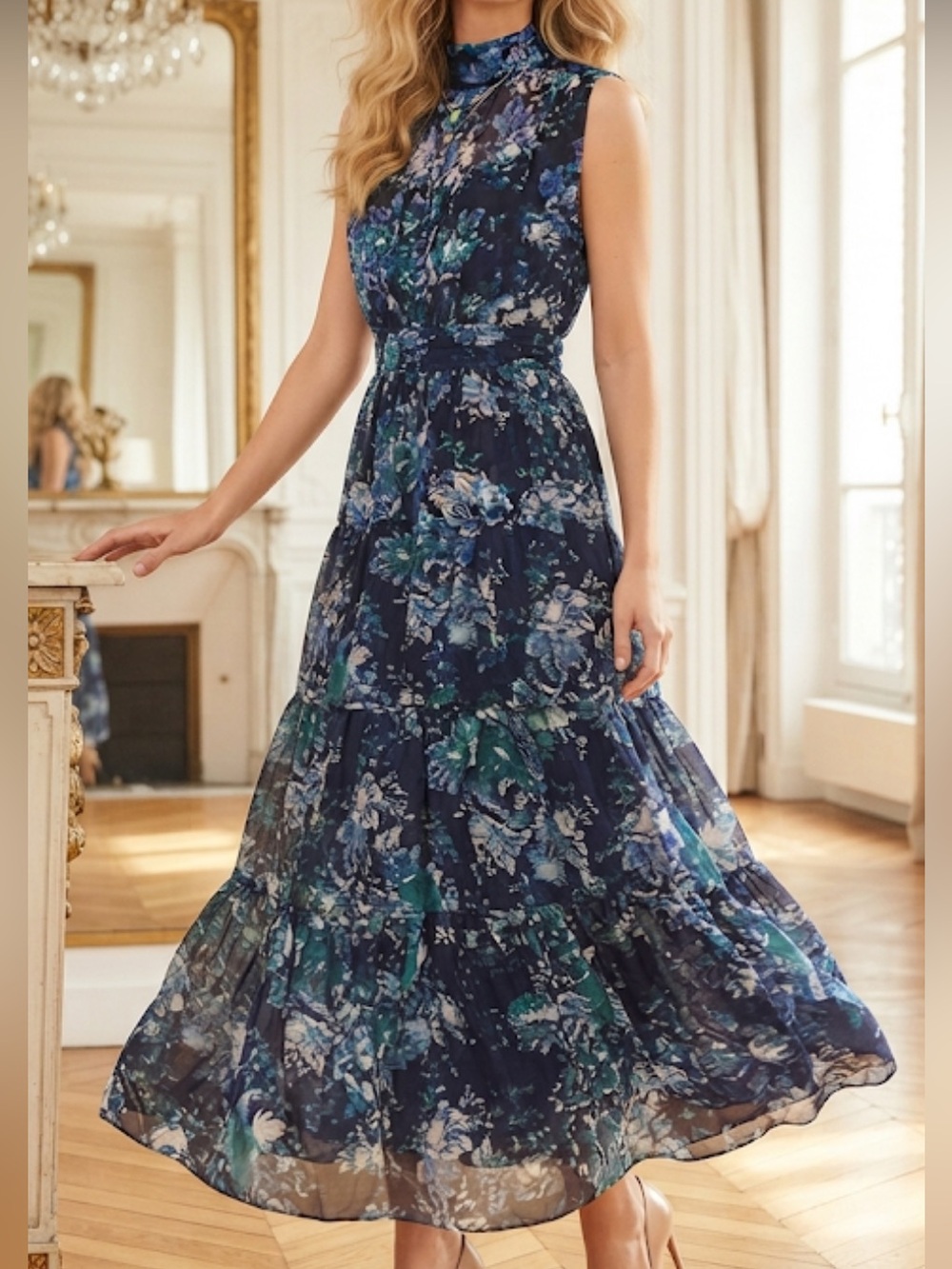 New Derek Lam Navy Floral Maxi Dress with Teal & White Accents size 00, 10 Silk